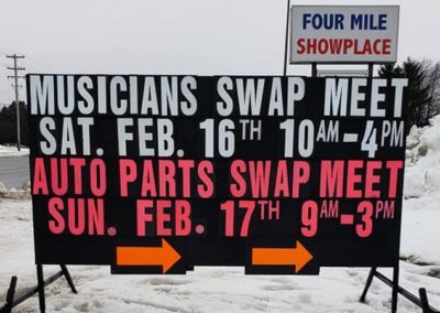 Light Bright Signs- Musicians Swap Meet at the Four Mile Show Place using a black sign